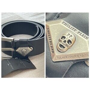 Philipp Plein Skull Men Belt Black Leather NWT Limited Ed Metal Buckle 45" Italy